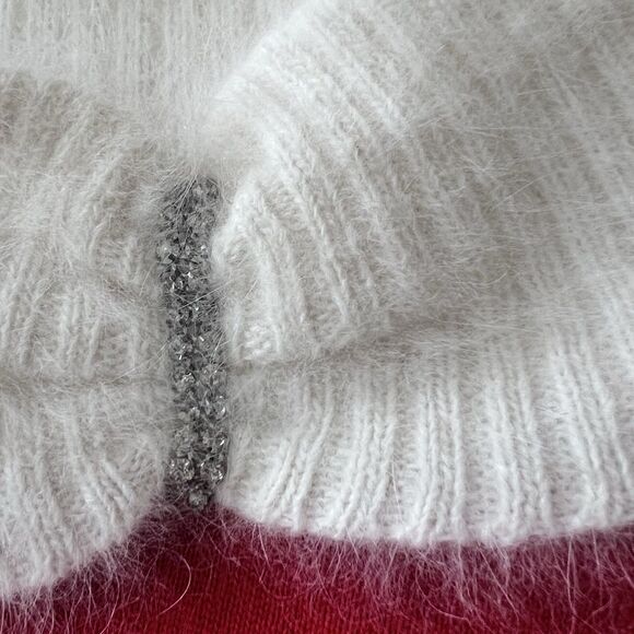 Berek Christmas Mrs. Claus Sweater Fur Cowl Neck Red Ivory Pullover Sequin XL - Picture 6 of 15